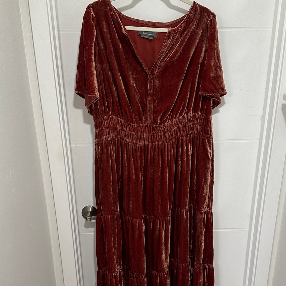 Anthropologie Velvet Tiered Maxi Dress in Burgundy Rust